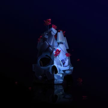 Skull, Low poly, Artwork, Dark background, Roses, Simple