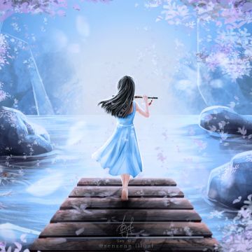 Girly, Dream, Girl playing flute, Surreal, Spring, Digital Art, Illustration, Digital paint