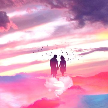 Couple, Surreal, Lovers, Above clouds, Dream, Romantic, Together, Pink, 5K