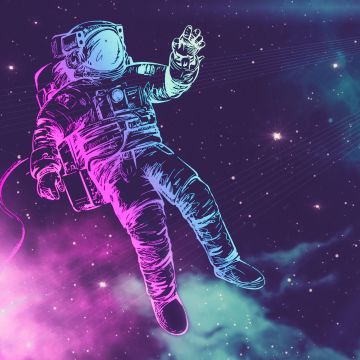 Astronaut, Neon, Space suit, Stars, Light, 5K