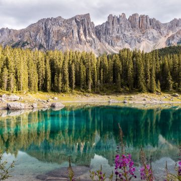 Lake Carezza, Italy, Mirror Lake, Mountain range, Landscape, Scenery, Pine trees, 5K