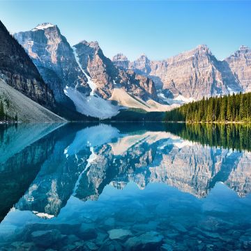 Moraine Lake, Scenery, Canada, Pine trees, Landscape, Reflection, Mountain range, Turquoise water, Daytime, 5K