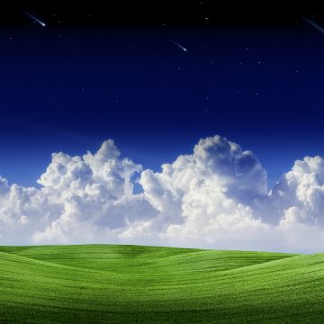 Landscape, Clouds, Falling stars, Blue Sky, Scenery, Green Grass, Starry sky, Summer, Scenic, Panorama, 5K, 8K, Shooting stars