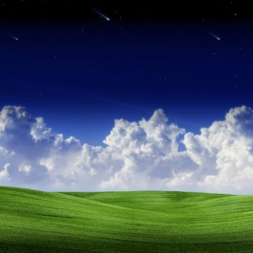 Falling stars, Landscape, Clouds, Green Grass, Starry sky, Blue Sky, Scenery, Summer, Scenic, Panorama, 5K, 8K, Shooting stars