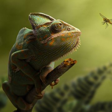 Chameleon, Dragonfly, Portrait, Blurred, Green background, Leaves, HDR