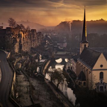 Luxembourg City, Sunset, Cityscape, Church, 5K