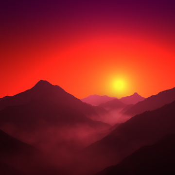 Mountain range, Silhouette, Sunrise, Orange sky, Foggy, Landscape, Scenery