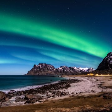 Lofoten islands, Norway, Aurora Borealis, Northern Lights, Glacier mountains, Snow covered, Rocky coast, Ocean, Beach, Horizon, Starry sky, Night time, Landscape