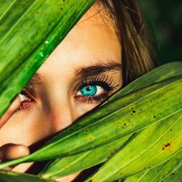 Blue eyes, Green leaves, Woman face, Macro, Peek, 5K