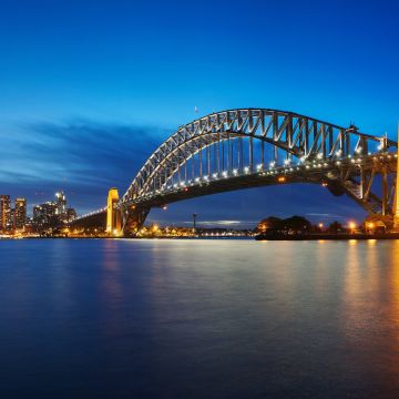 Sydney Harbour Bridge, Opera House, Australia, Cityscape, Night time, Body of Water, Skyline, Reflection, Blue Sky, Panorama, Long exposure, 5K, 8K