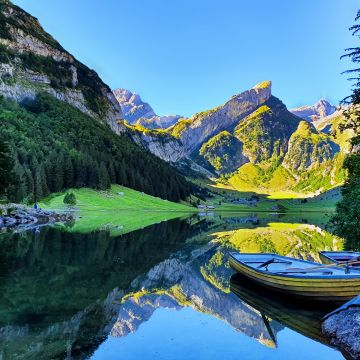Seealpsee lake, Switzerland, Rowing boat, Mirror Lake, Mountain Peak, Reflection, Blue Sky, Lakeside, Landscape, Scenery, Early Morning, 5K