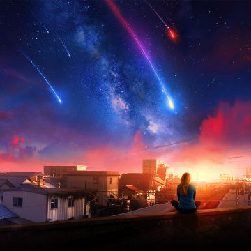 Alone, Woman, Girl, Falling stars, Town, House, Milky Way, Dream, Surreal, Sunset, Calm, Shooting stars, Celestial