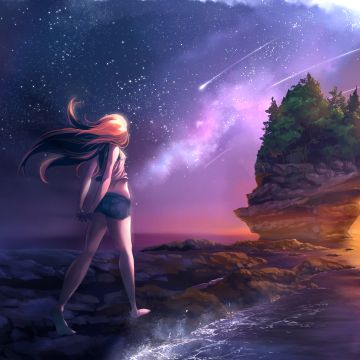 Anime girl, Beach, Arch, Sunset, Digital Art, Star Trails, Scenic