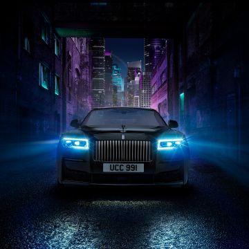 Rolls-Royce Ghost Black Badge, Dark aesthetic, 2021, Night, Car lights