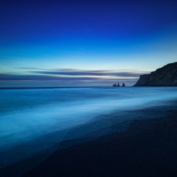 Reynisdrangar, Iceland, Beach, Sunset, Dusk, Long exposure, Horizon, Cliff, Blue Sky, Landscape, 5K, 8K
