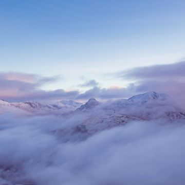 Mountain range, Glacier mountains, Early Morning, Foggy, Snow covered, Clouds, Mountain top