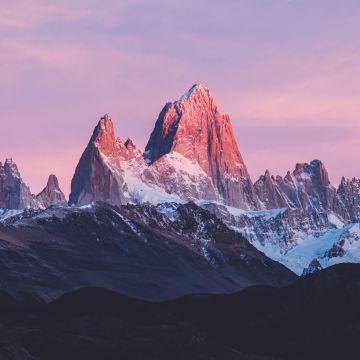 Mount Fitz Roy, Argentina, Sunrise, Alpenglow, Pink sky, Snow covered, Landscape, Mountain Peak, 5K