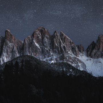 Geissler Group, Odle Group, Mountain range, Starry sky, Glacier mountains, Mountain Peaks, Dolomites, Italy, Landscape, Night time, 5K