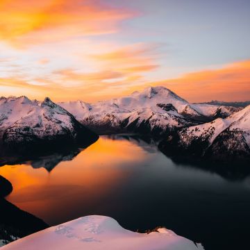 Panorama Ridge, Garibaldi Lake, Canada, Sunset, Mountain range, Snow covered, Reflection, 5K