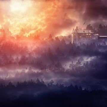 Castle, Burning Sky, Sunset, Forest, Surreal, Flying birds, Foggy, Fairy tale, Landscape, Photo Manipulation