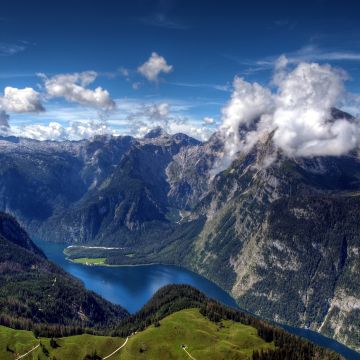 Königssee Lake, Germany, Bavarian Alps, White Clouds, Mountain range, Top View, Summer mountains, Landscape, Scenery