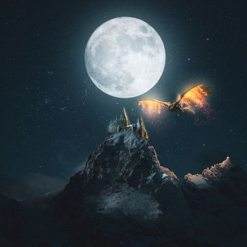 Castle, Dragon, Moon, Night