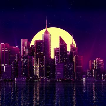 Cityscape, Synthwave, Moon, Neon, Retrowave, Night