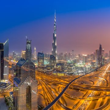 Burj Khalifa, Sheikh Zayed Road, Dubai, Cityscape, Night, City lights, Long exposure, Buildings, Skyscrapers, Dusk, 5K