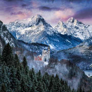 Neuschwanstein Castle, Winter Mountains, Morning, Snow covered, Ancient architecture, Schwangau, Germany, 5K