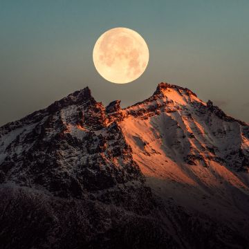 Full moon, Mountain Peak, Snow covered, Moon light, Iceland, Night, Landscape