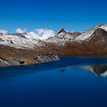 Snowy Mountains, Body of Water, Mountain range, Blue Sky, Lake, Reflection, Landscape, Scenery, 5K