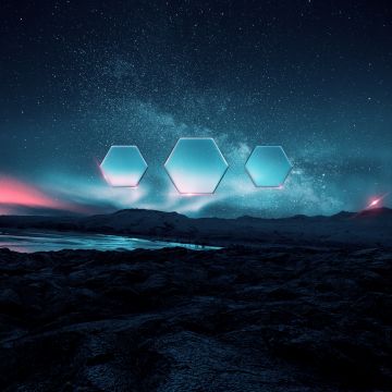 Night, Landscape, Aurora Borealis, Hexagons, Starry sky, Fusion