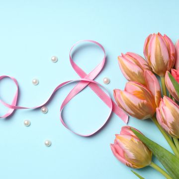 Women's Day, Tulips, March 8th, Ribbon, Pearls, Blue background, 5K