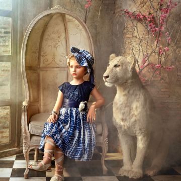 Cute Girl, White lion, Photoshoot, Portrait, Surreal