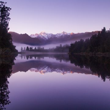Lake Matheson, New Zealand, Mirror Lake, Reflection, Foggy, Snow covered, Mountain View, Sunrise, Early Morning, 5K