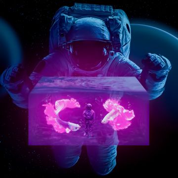 Astronaut, Water cube, Fish, Photo Manipulation, Dark background, Space suit, Fiction, 5K