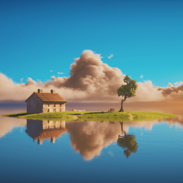 Island, Sunny day, Daylight, Blue Sky, House, Lone tree, Reflections, Lake, Body of Water, 5K