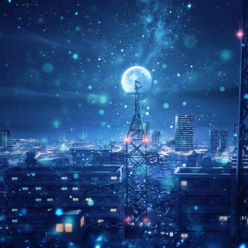 Dream, Blue, Cityscape, Snowfall, Moon, Cold night, Winter, Tower, Girly