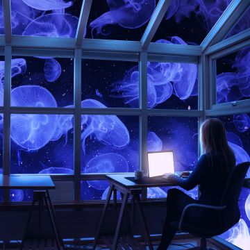 Jellyfishes, WFH, Aesthetic, Underwater, Woman, Working, Work from Home, Window, Laptop, Surreal, Desk, 3D background, Ocean