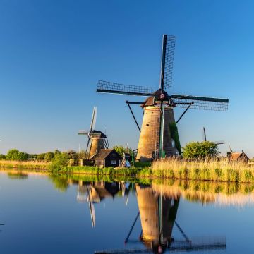 Windmills at Kinderdijk, South Holland, Netherlands, Countryside, River, Reflections, 5K, 8K