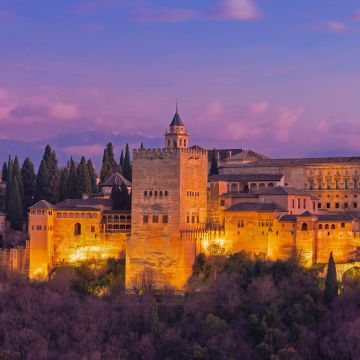 Nasrid Palaces, Ancient architecture, Historical landmark, Granada, Spain, Purple sky, Night, 5K