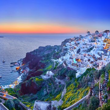 Santorini Island, Thira, Aegean Sea, Fira Town, Greece, Dusk, Sunset, Sunrise, Panorama, 5K, 8K