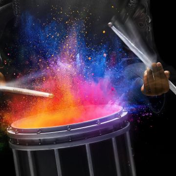 Drum beat, Colors splash, Drum sticks, Black background, Drum surface