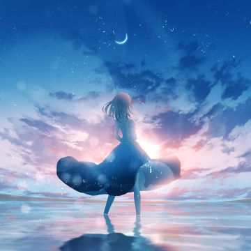 Anime girl, Aesthetic, Dream, Happy girl, Moon, Crescent Moon, Girly backgrounds, Beach, Seascape, Ocean, Reflections