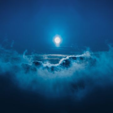 Moon, Above clouds, Night, Cold, Blue Sky, 5K