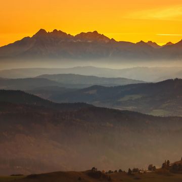 Tatra Mountains, Mountain range, Sunset, Orange sky, Europe