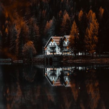 Chalet, Antholzer See, Lake Antholz, Nature Park Rieserferner-Ahrn, Autumn, Reflection, Forest, Italy, Brown aesthetic
