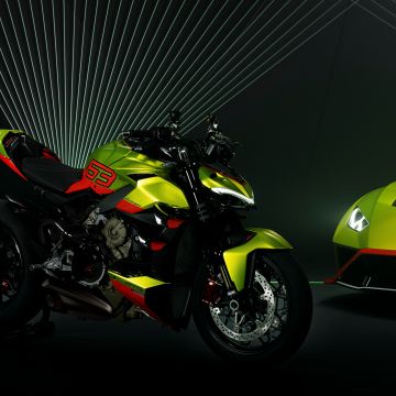 Ducati Streetfighter V4 Lamborghini, Lamborghini Huracán STO, Sports bikes, Black background, 2022, 5K, 8K