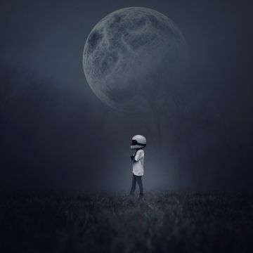 Moon, Alone, Boy, Dream, Helmet, Foggy
