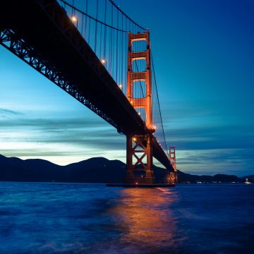 Golden Gate Bridge, Suspension bridge, San Francisco, California, Evening, Sunset, Blue Sky, 5K, 8K